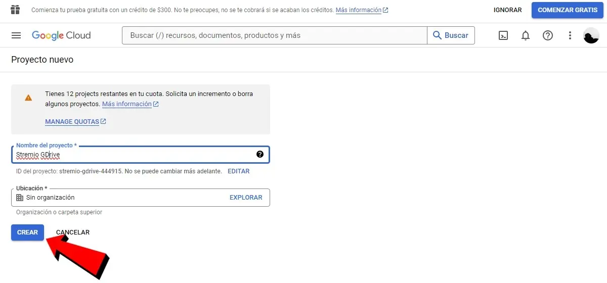 Crea un nuevo proyecto en Google Cloud y seleccionalo