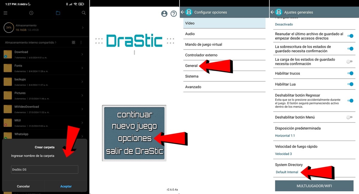 Crea una carpeta DraStic DS en tu movil y luego ve a las opciones del emulador