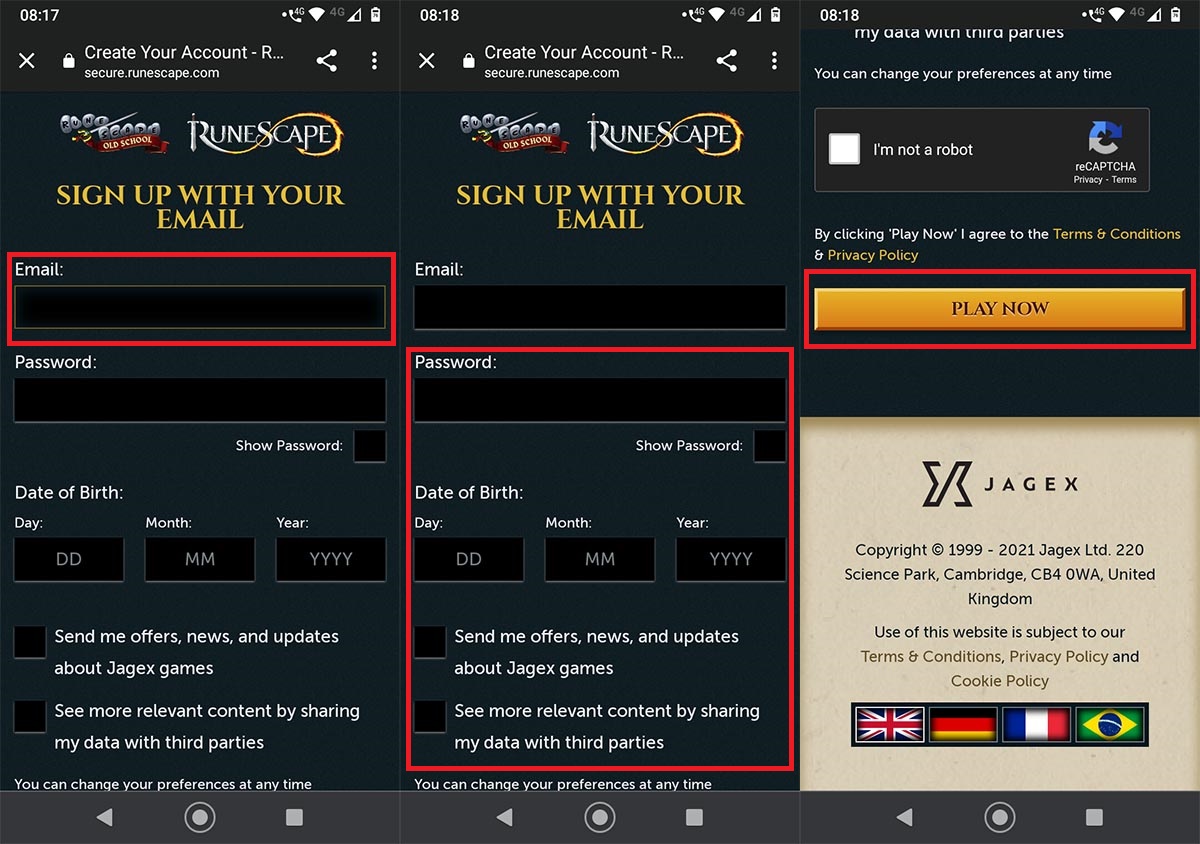 Crear cuenta RuneScape Android