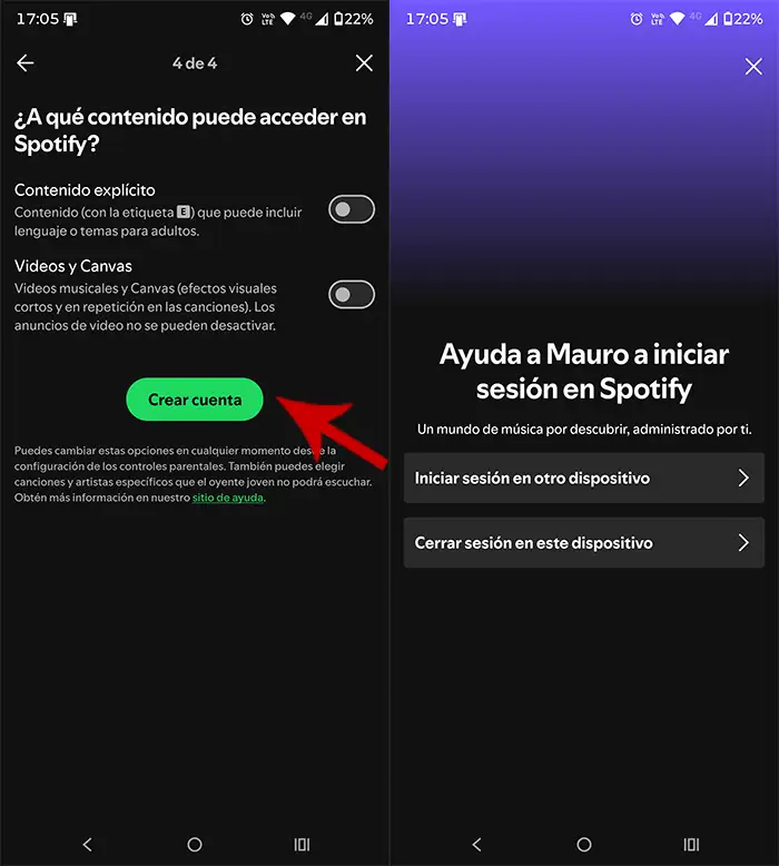 Crear cuenta para menores Spotify