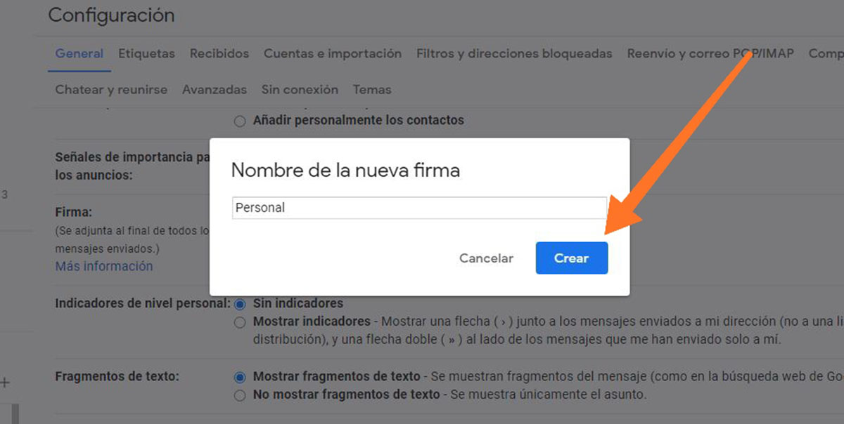 Crear la firma en Gmail paso 3