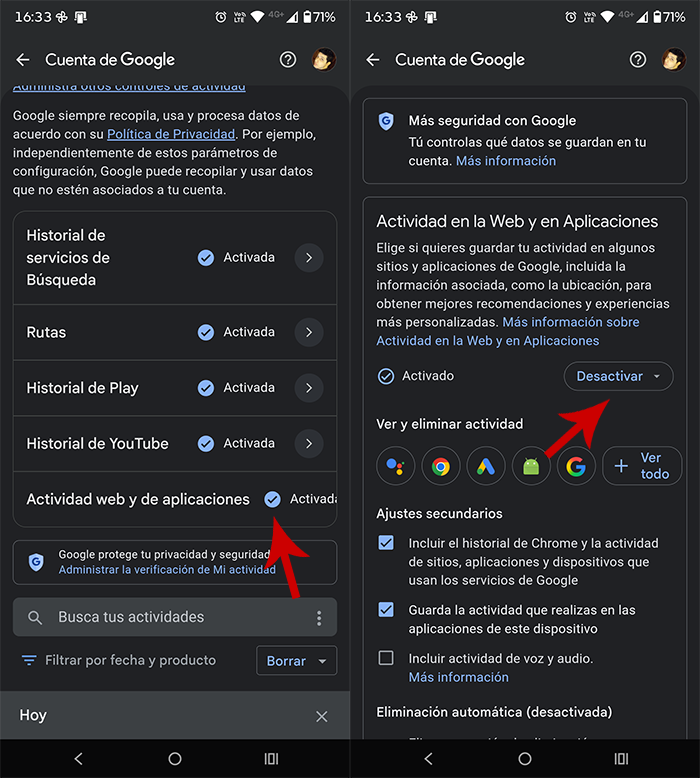 Desactivar actividad web y de aplicaciones cuenta de Google