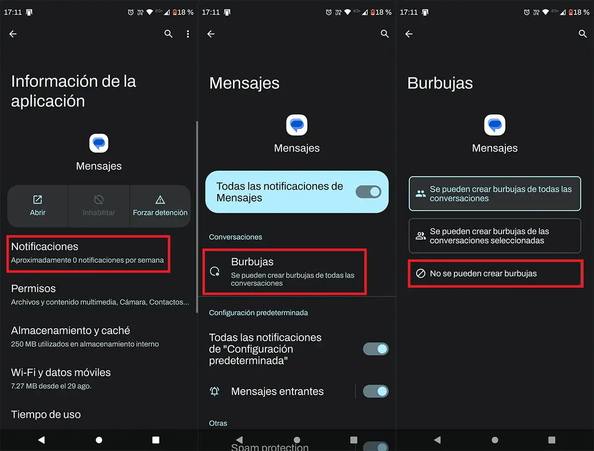 Desactivar burbujas en aplicaciones Android