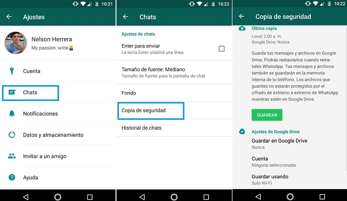 Desactivar copia de seguridad en la nube en WhatsApp