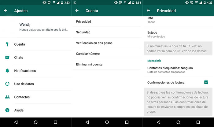 Desactivar la confirmacion de lectura en WhatsApp