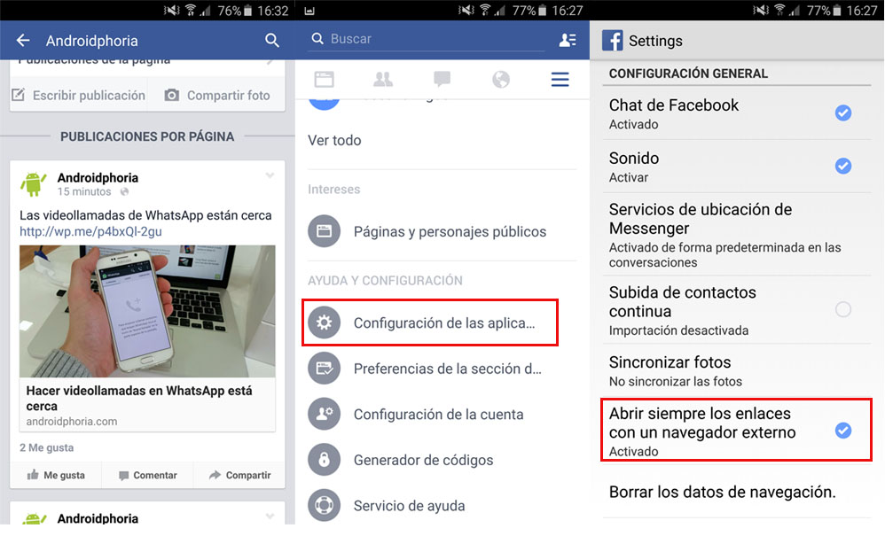 Desactivar navegador de Facebook en Android