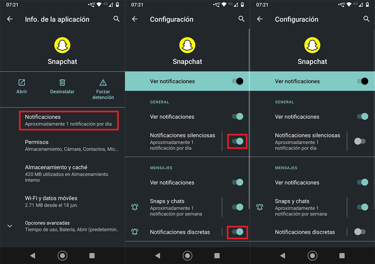 Desactivar notificacion actualiando mensajes Snapchat