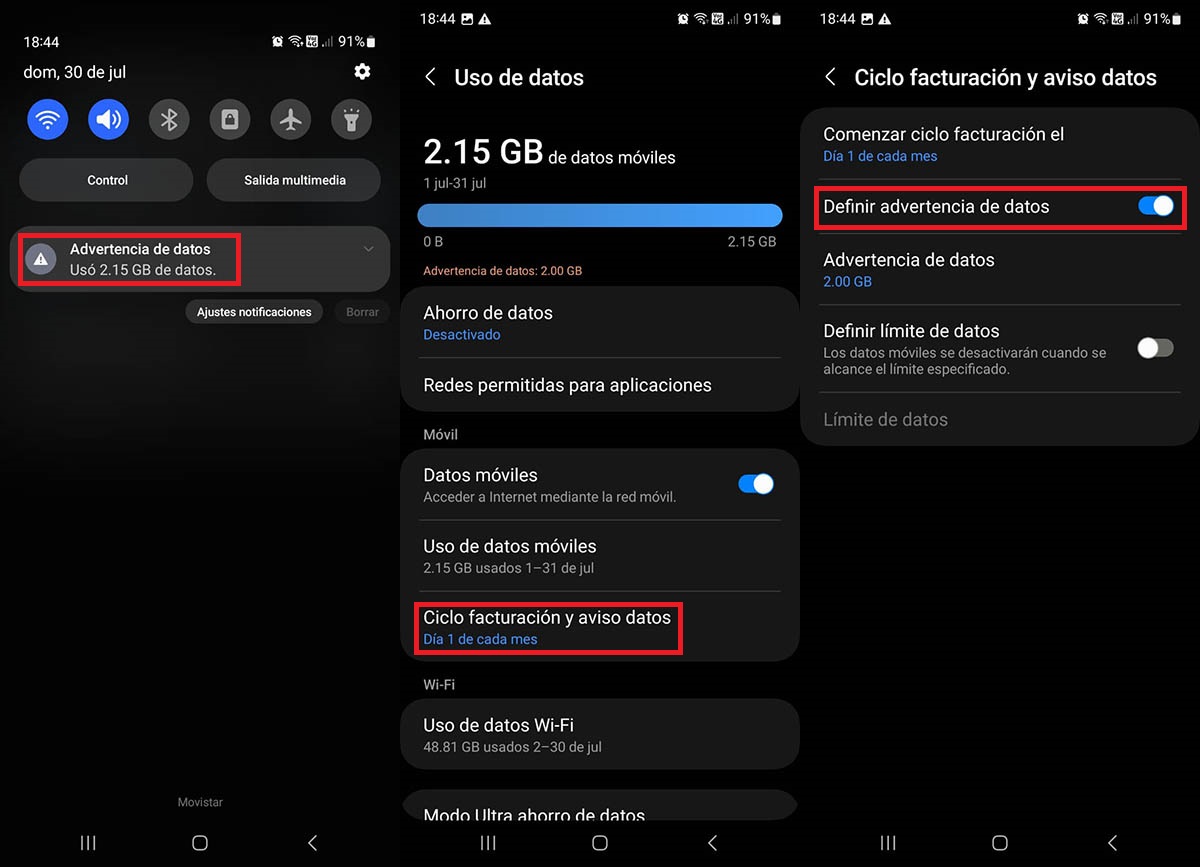 Desactivar notificacion advertencia de datos Samsung