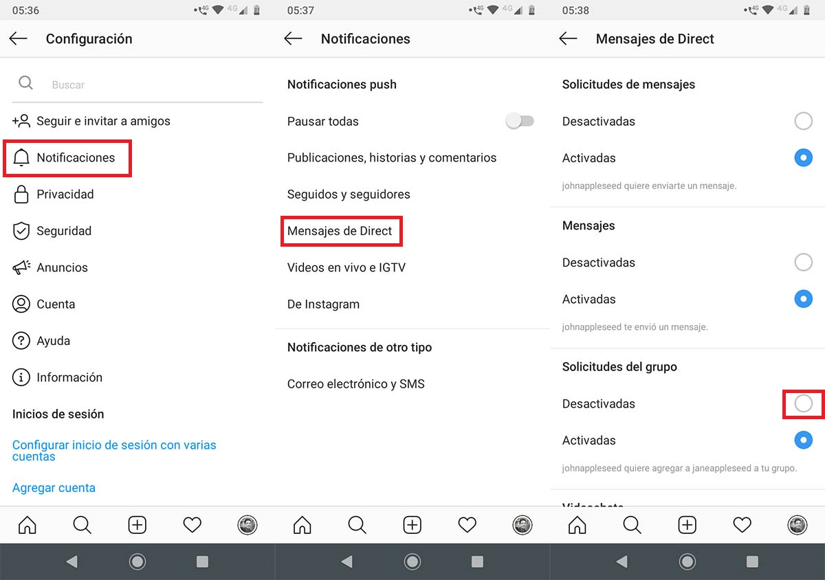 Desactivar notificaciones grupo Instagram