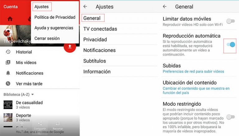 Desactivar reproducción automática de YouTube en Android