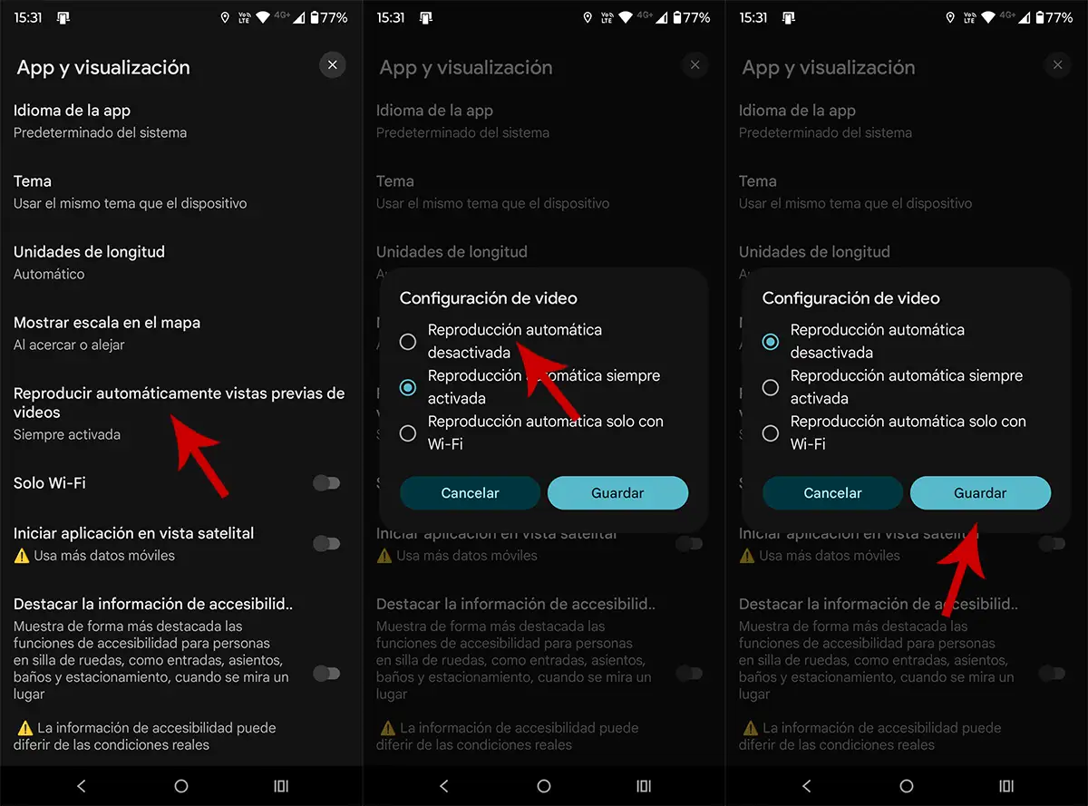 Desactivar reproducción automática de videos Google Maps