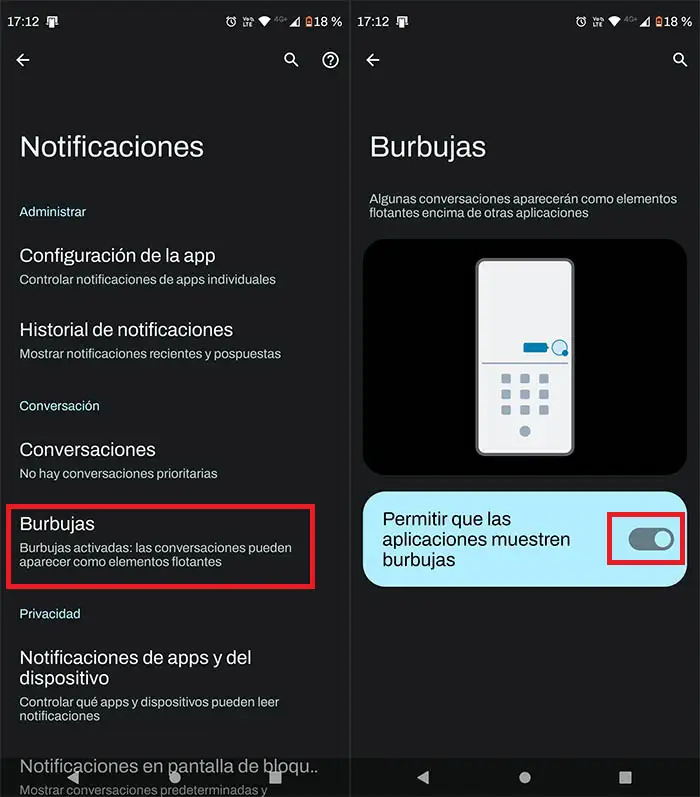 Desactivar todas las burbujas en Android