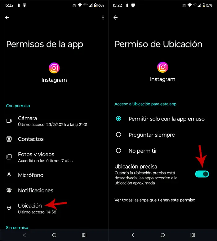 Desactivar ubicación precisa Instagram Android