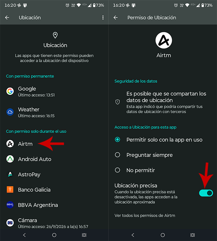 Desactivar ubicación precisa de una app en Android