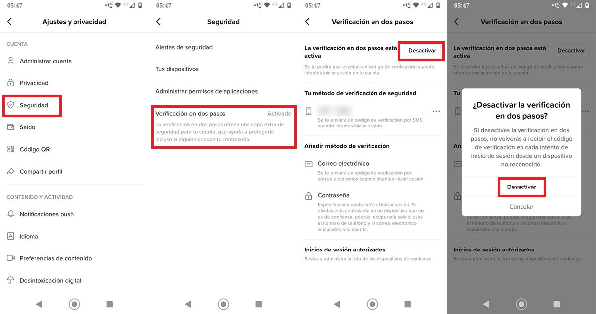 Desactivar verificacion en dos pasos TikTok