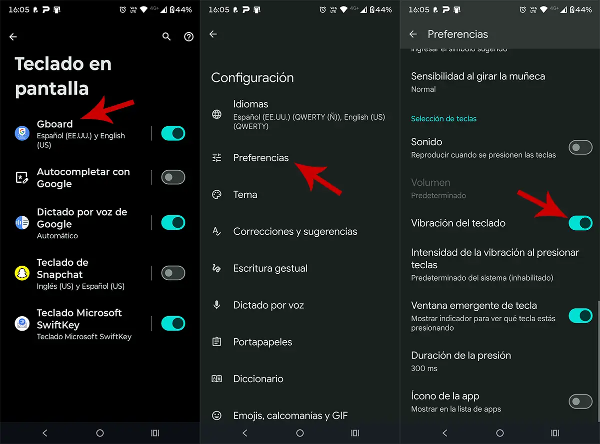 Desactivar vibración teclado Gboard Android