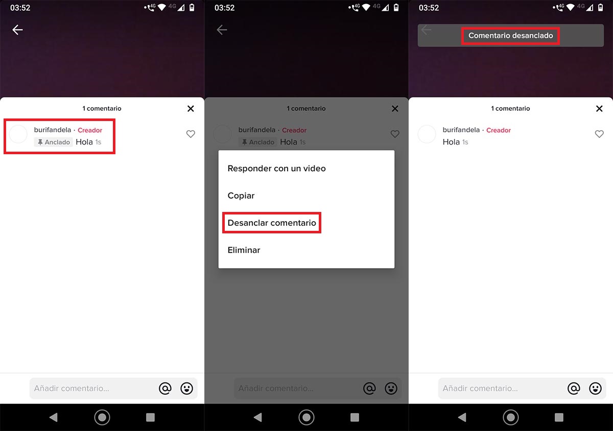 Desanclar comentario en TikTok