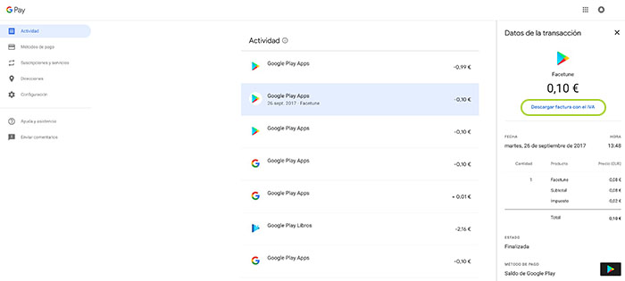 Descargar facturas Google Pay