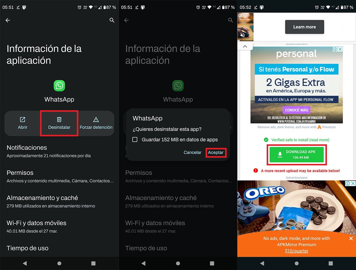 Desinstalar WhatsApp y descargar una versión antigua