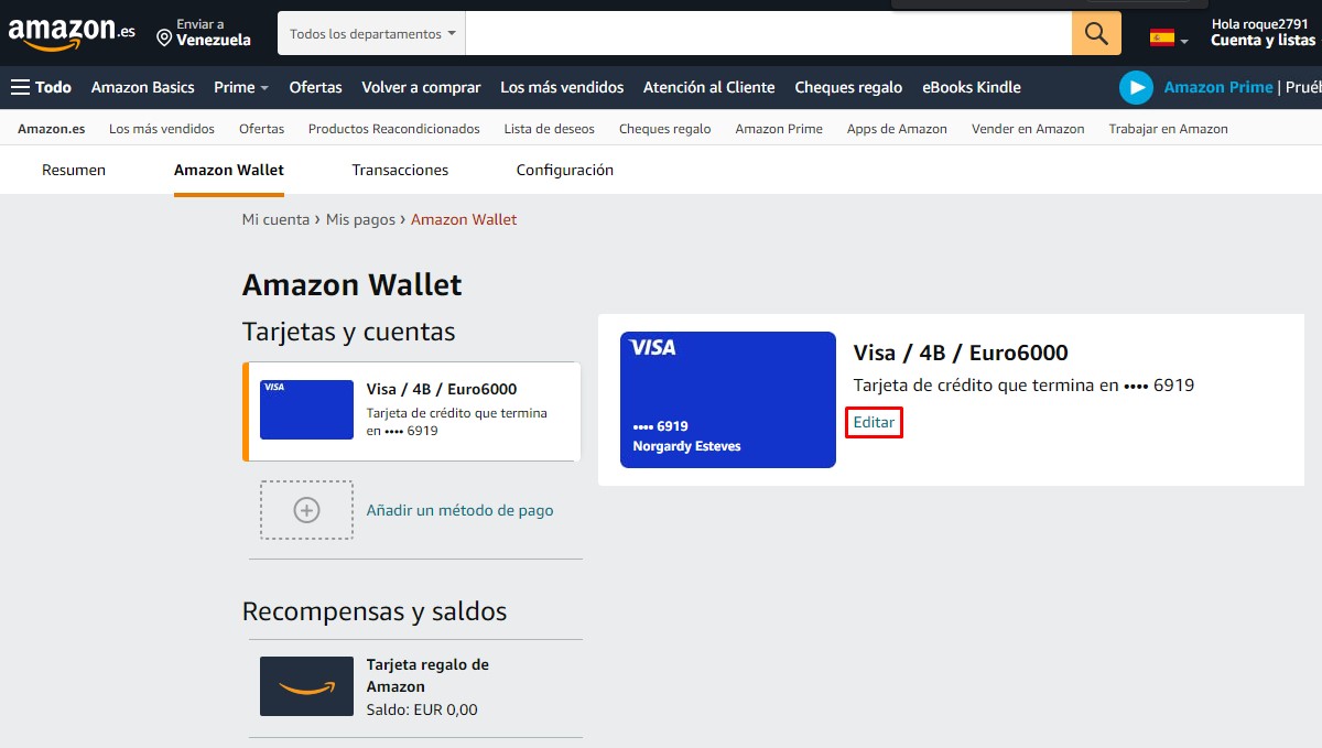 Edita tu tarjeta en amazon desde el ordenador