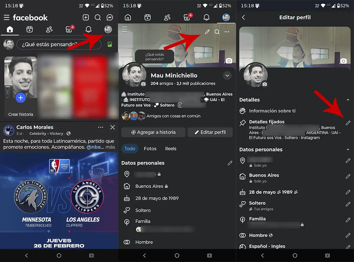 Editar datos del perfil de Facebook