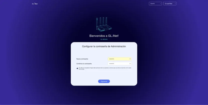 El primer paso en la configuracion al entrar en 192.168.8.1 es establecer una contrasena GL.iNet Flint 3e