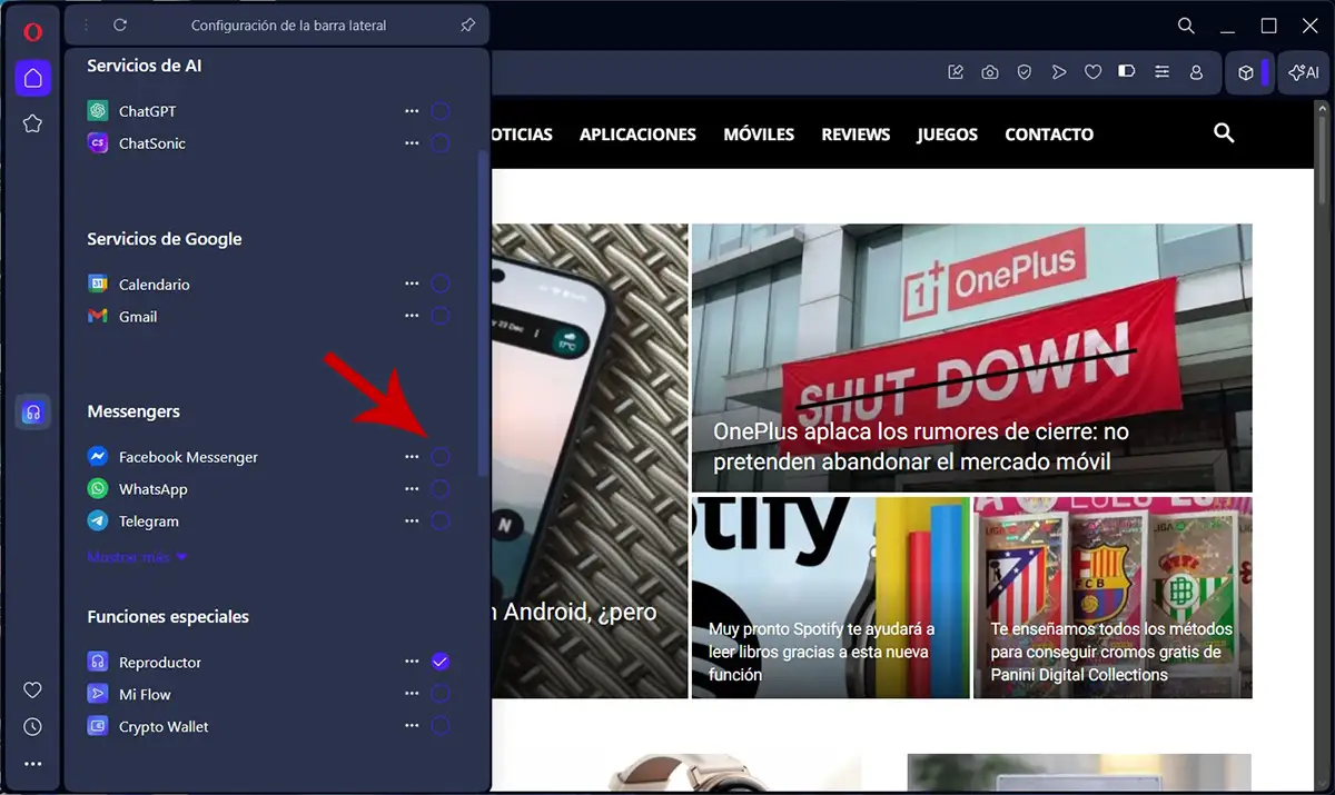 Elegir Messenger en Opera