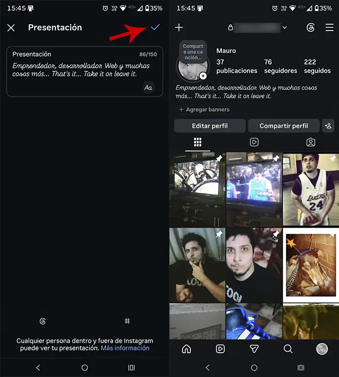 Elegir fuente personalizada perfil de Instagram