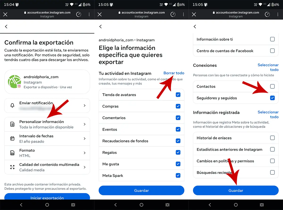 Elegir información a exportar en Instagram