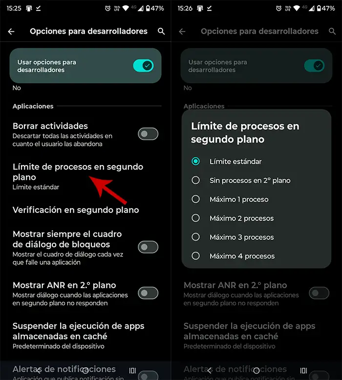 Elegir limite de procesos en segundo plano Android