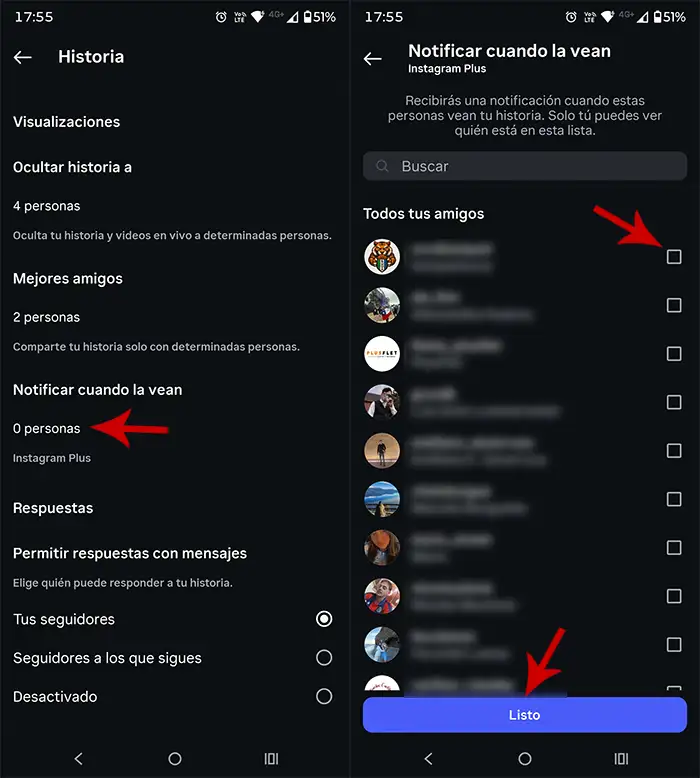 Elegir personas para que Instagram notifique cuando ve la historia