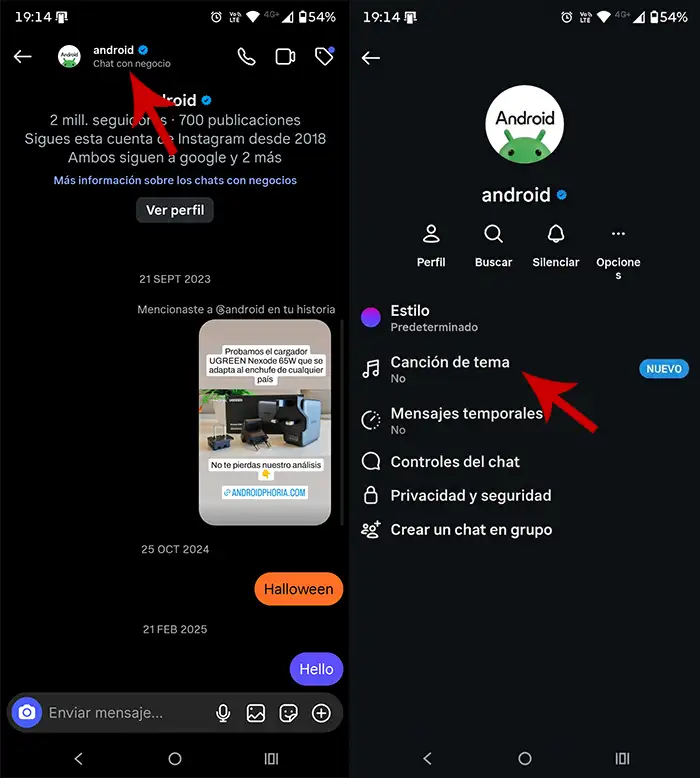 Elegir tema musical para chat de Instagram