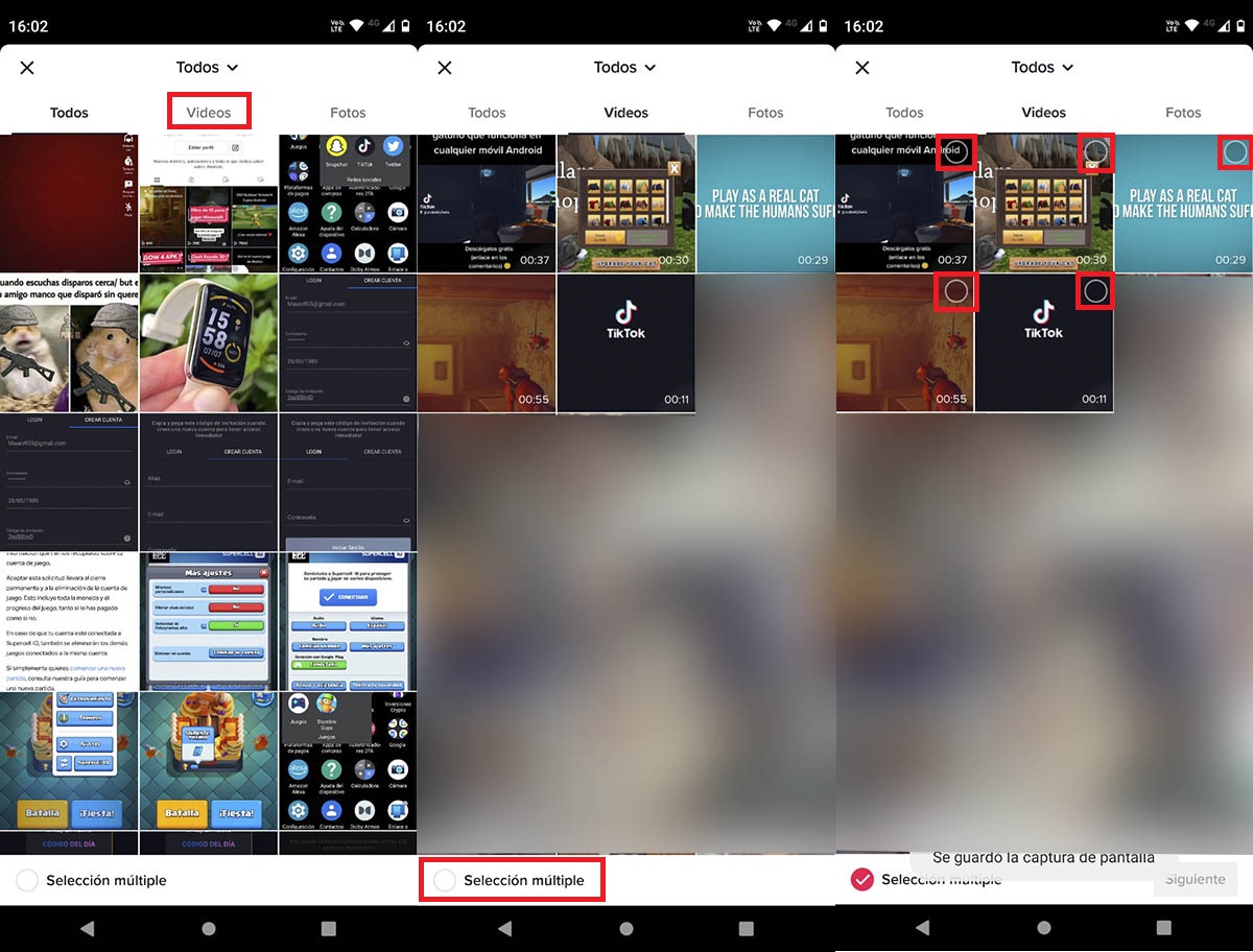 Elegir varios videos para subir a TikTok