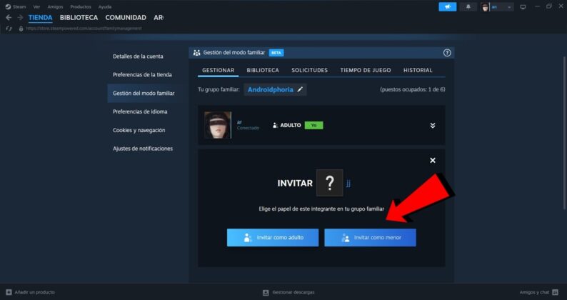 Elige si invitaras a tu amigo como adulto o como menor a tu grupo familiar de Steam