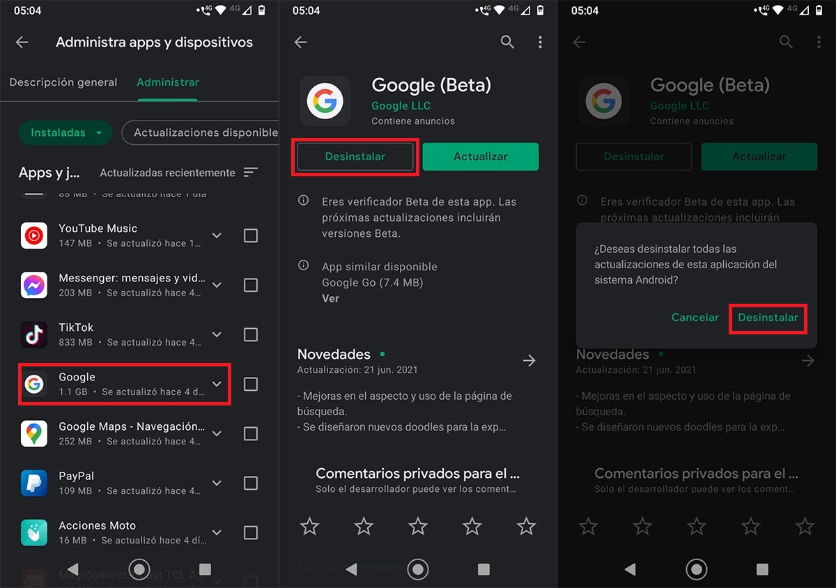 Eliminar actualizacion app Google