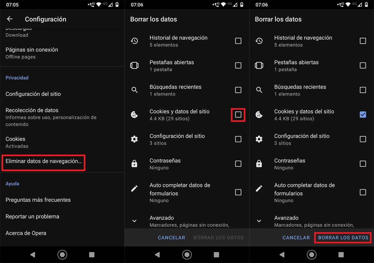 Eliminar cookies Opera Android
