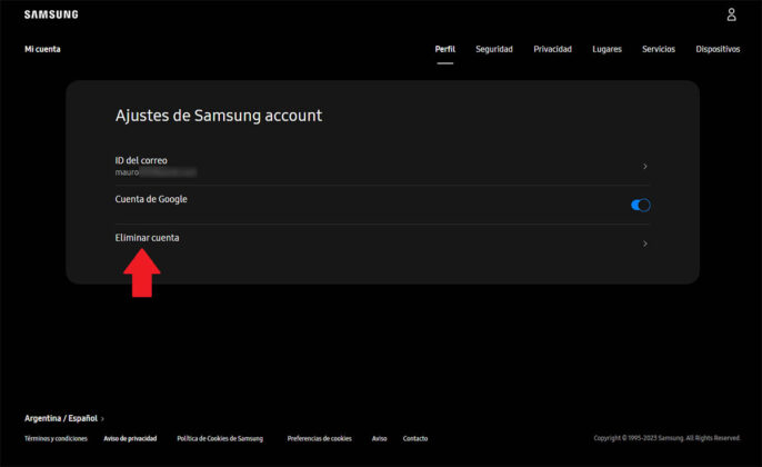 Eliminar cuenta de Samsung