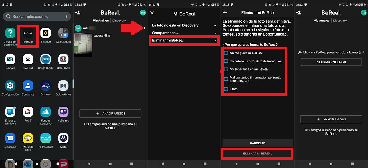 Eliminar foto o video en BeReal