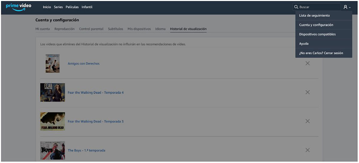 Eliminar historial Prime Video web