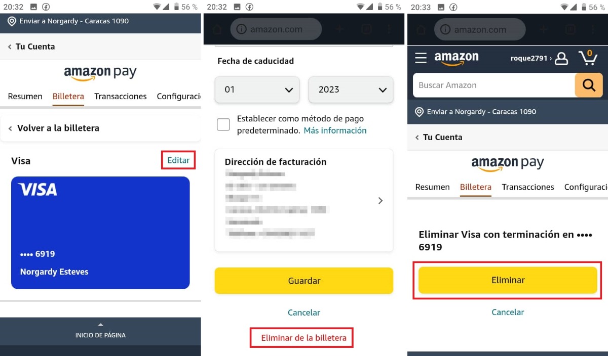 Eliminar la tarjeta de pago seleccionada