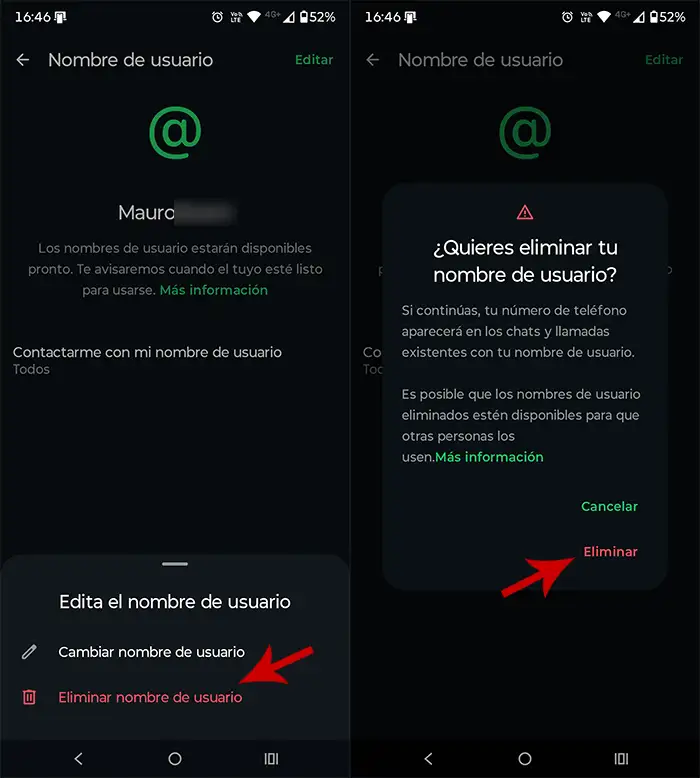 Eliminar nombre de usuario en WhatsApp