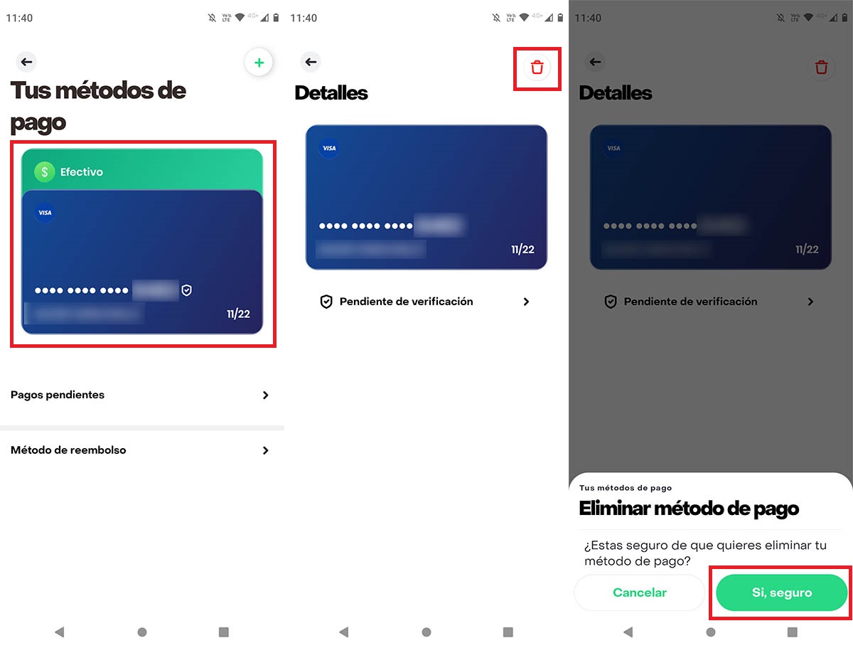 Eliminar tarjeta de credito o debito de Rappi