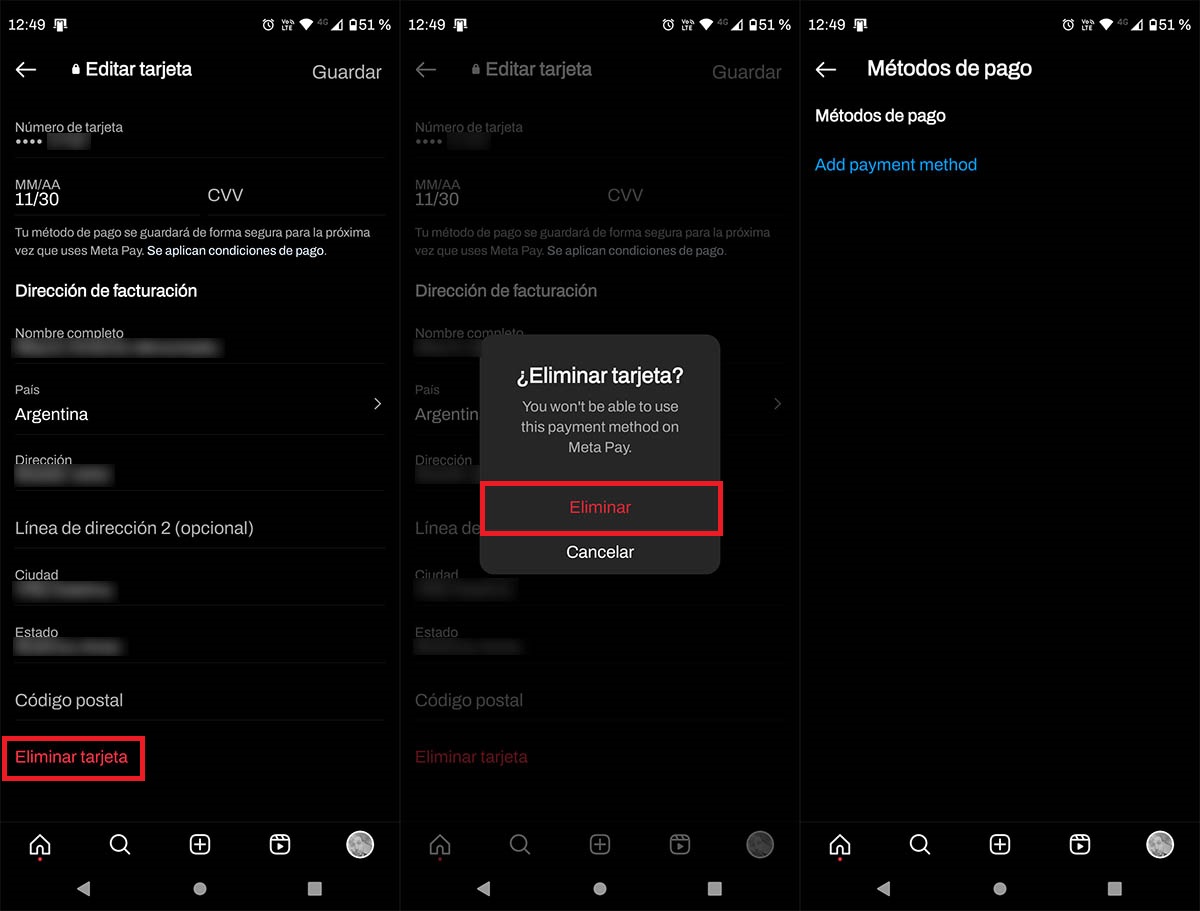 Elimintar tarjeta de credito o debito de Instagram