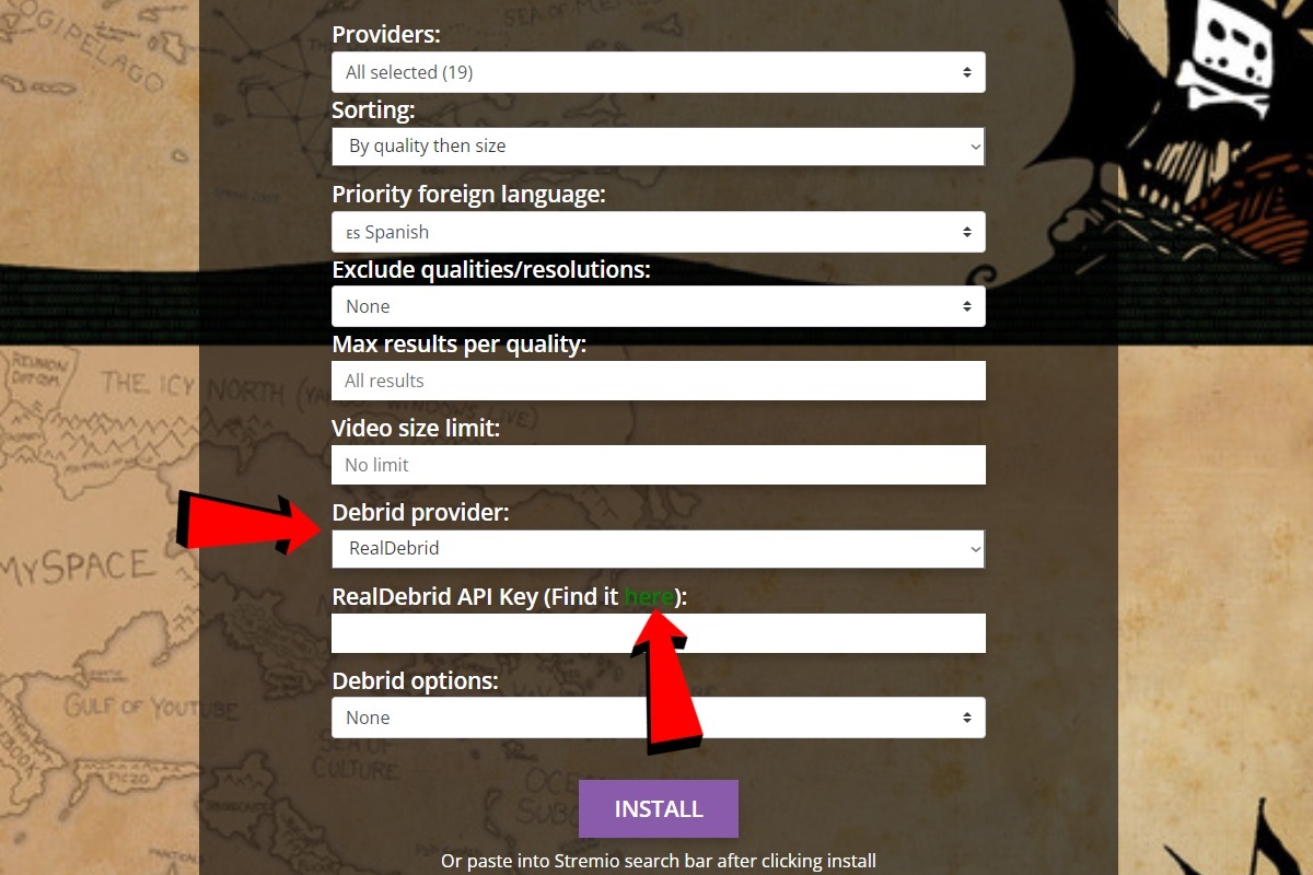 En Debrid provider selecciona Real Debrid y luego presiona en here