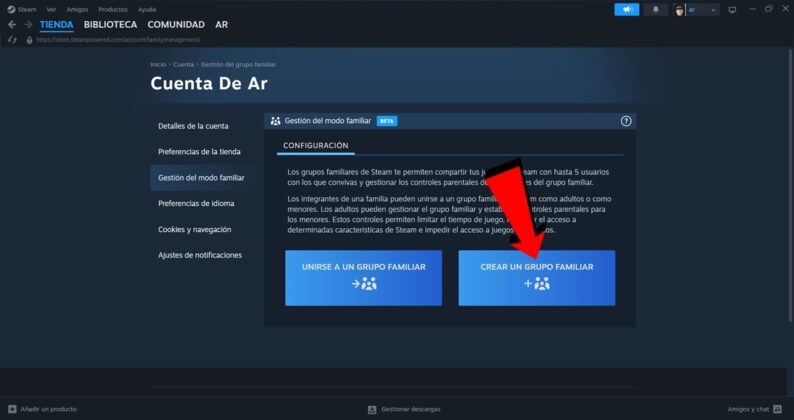 En Gestion del modo familair, pulsa en Crear un grupo familiar