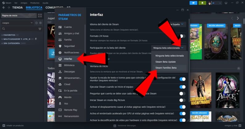 En el apartado Interfaz ve a la opcion Participacion en la beta del cliente y activa Steam Families Beta
