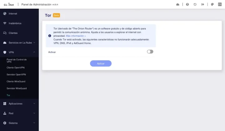 En las opciones de VPN tambien puedes configurar una red Tor para mayor privacidad o navegar por la Dark Web GL.iNet Flint 3e