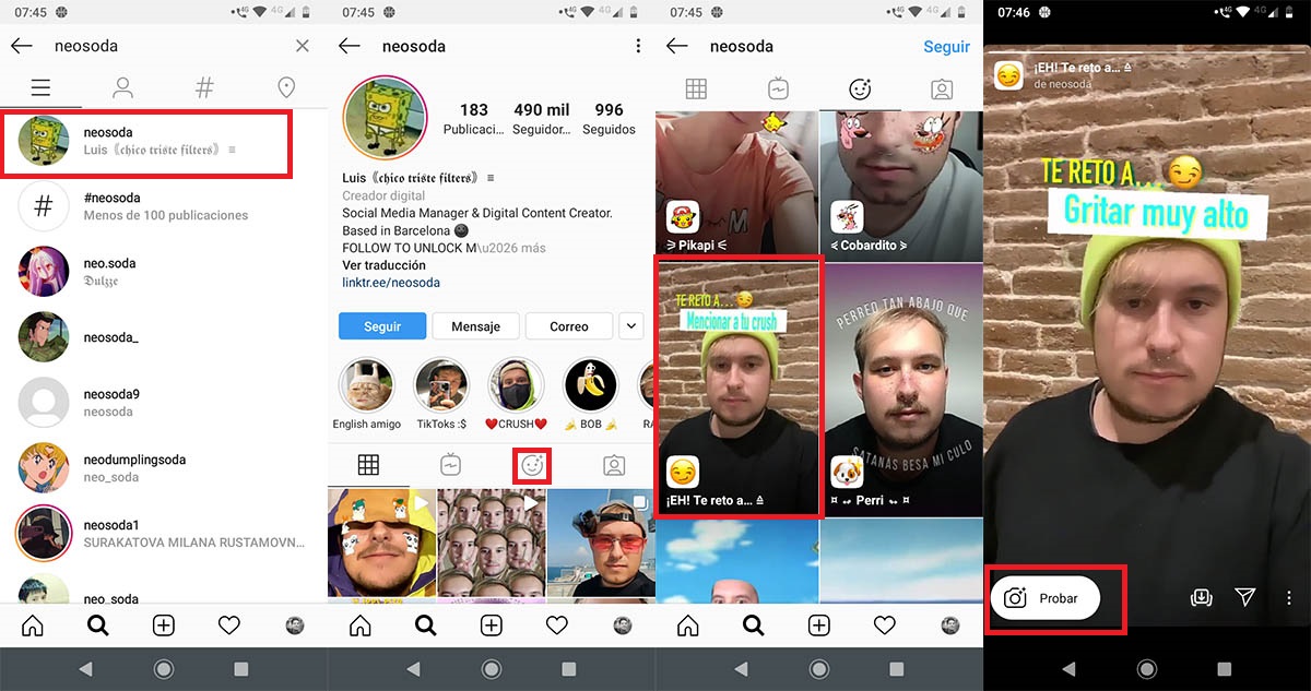 Encontrar filtro Eh Te reto Instagram