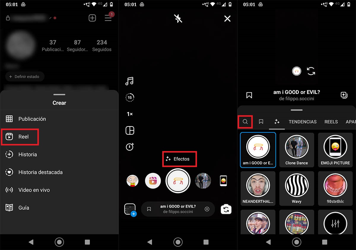 Encontrar un filtro en la camara de Instagram