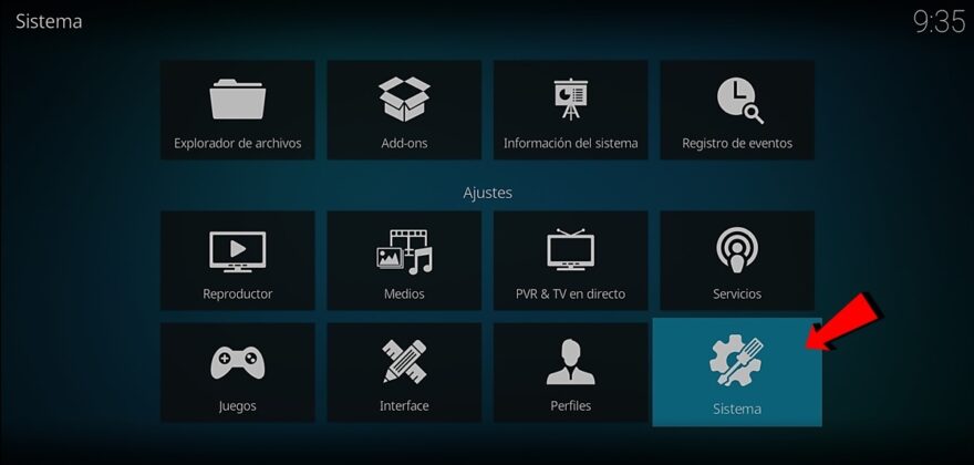 Entra en la opcion Sistema de Kodi